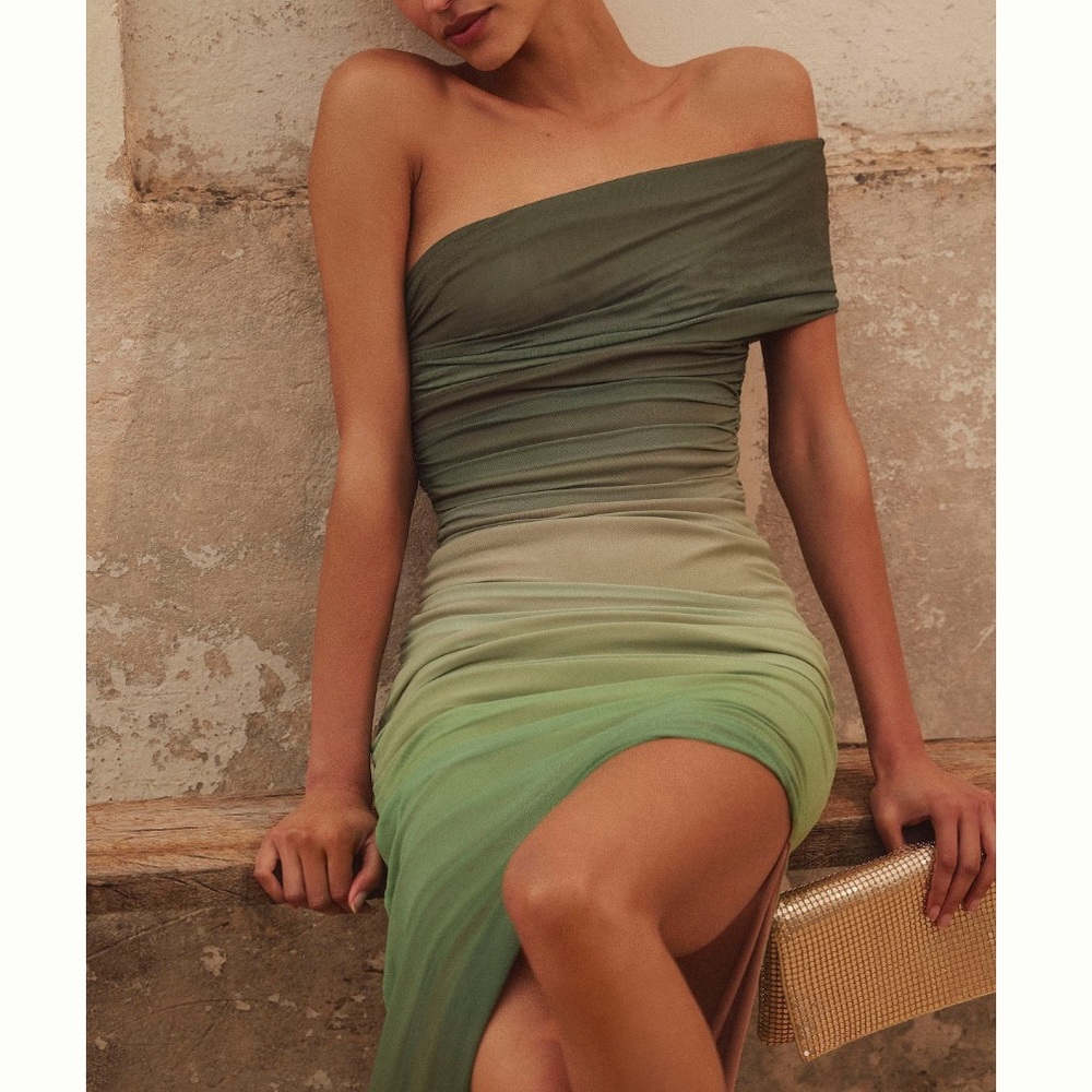 Anthropologie Olive to Forest Green Ombre Off-Shoulder Maxi Dress - Picture 2 of 8